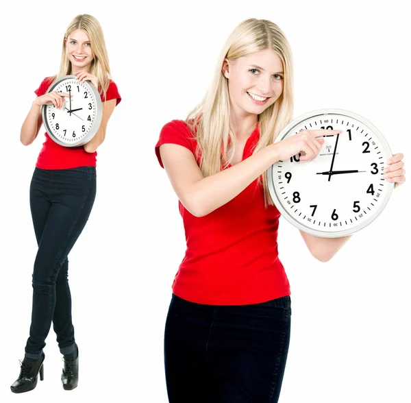 Blond vacker flicka med klockan — Stockfoto