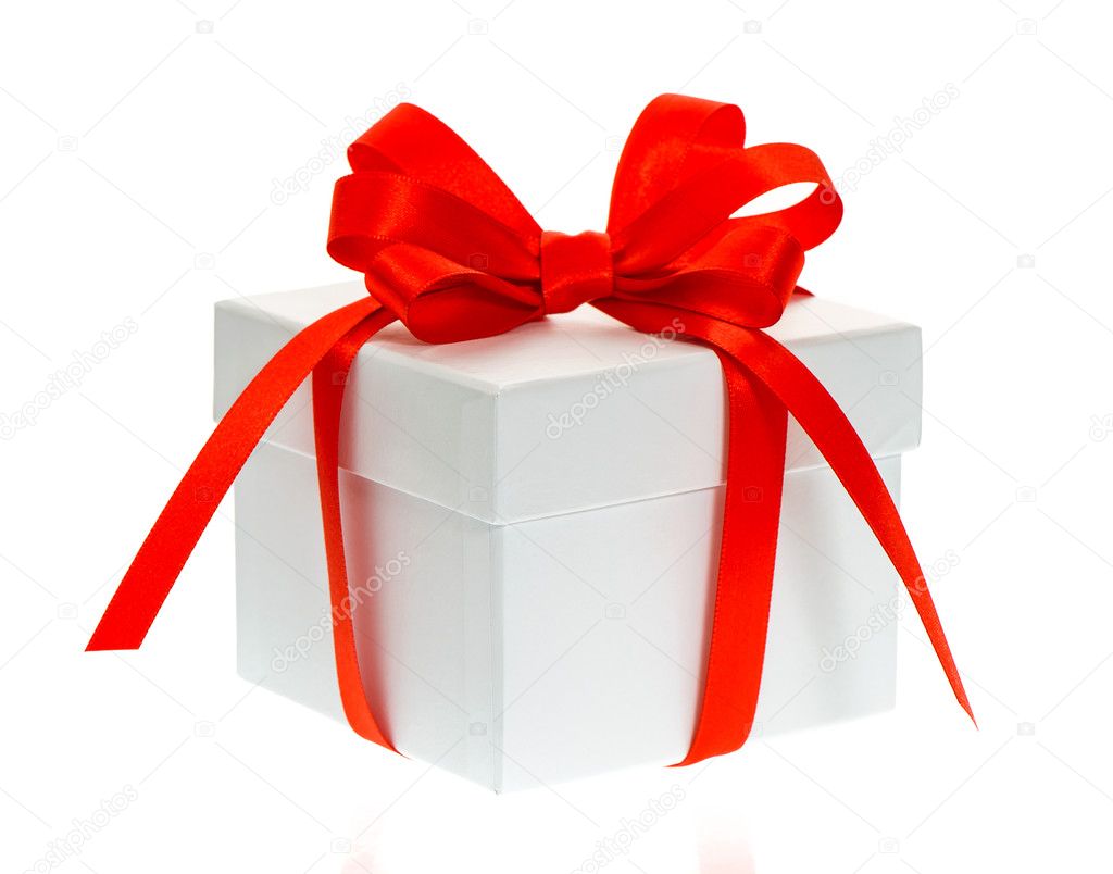 White gift box with red bow ribbon