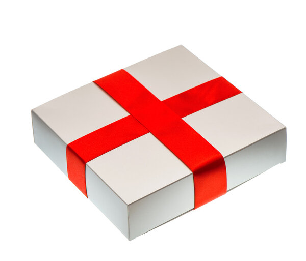 Grey gift box with red satin ribbon on white
