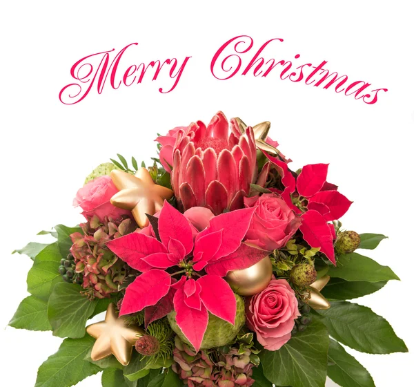 Fresh flowers with golden christmas baubles — Stock Photo, Image