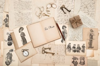 Antique accessories, old letters and fashion drawings clipart
