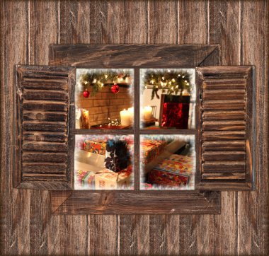 pencere ve Noel dekorasyonu ile ahşap duvar