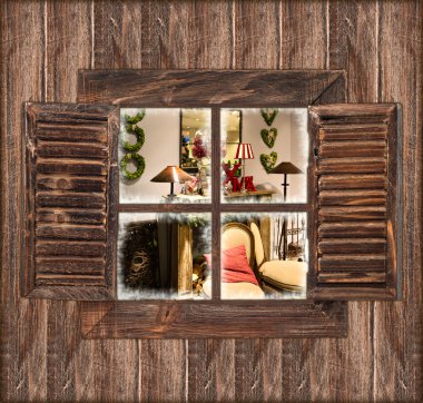 pencere ve Noel ile ahşap duvar iç
