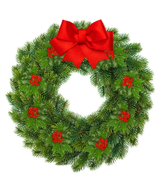 holly berry ve kırmızı kurdele bow Noel çelenk