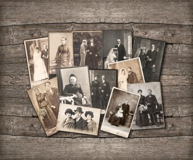 Vintage family photos on wooden background clipart