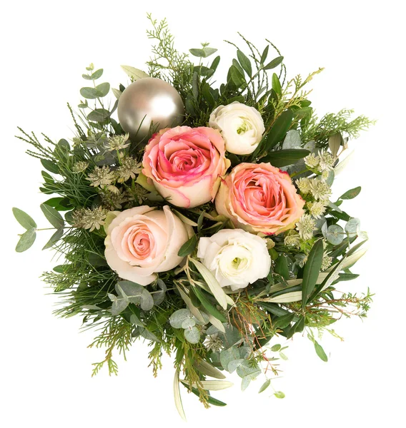 Pink roses with silver christmas decoration — Stock Photo, Image