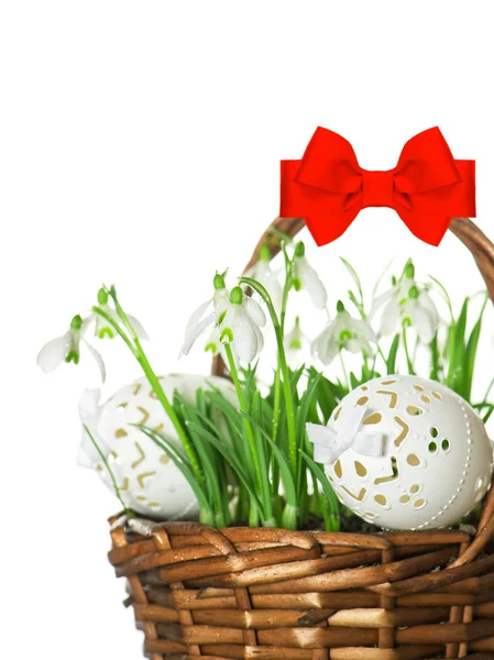 Easter eggs and spring flowers snowdrops — Stock Photo, Image