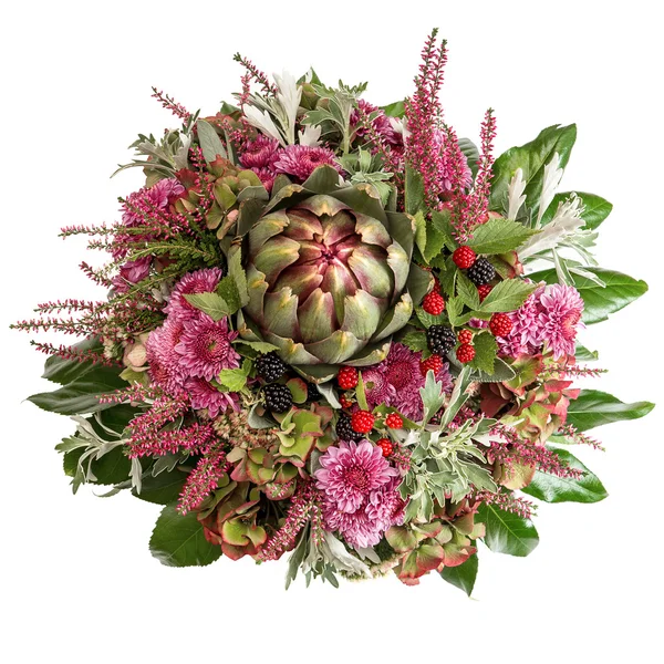 Chrysant bloemen met artisjok en bramen — Stockfoto