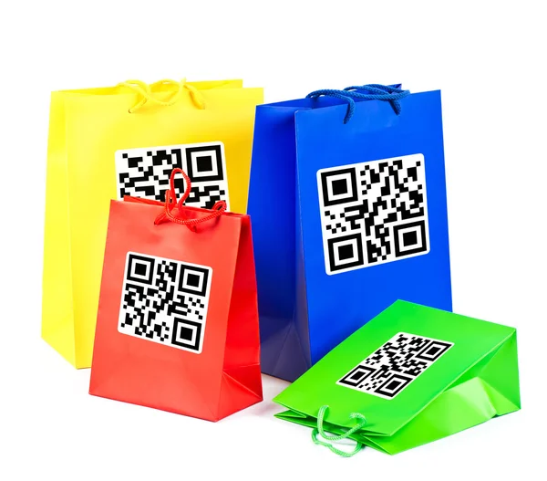 Sacos de compras coloridos com código QR — Fotografia de Stock