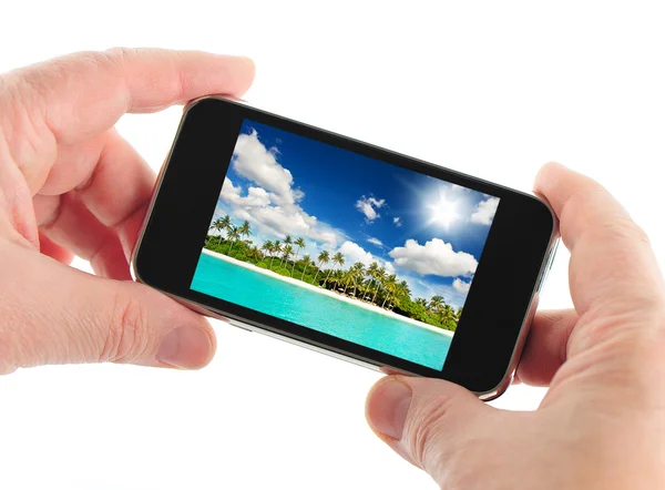 Telefone celular com tirar fotos. conceito de viagem — Fotografia de Stock