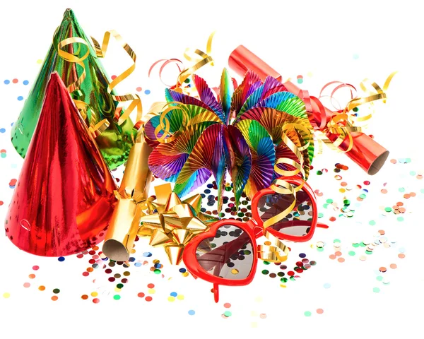 Garlands, streamer, cracker, party glasses and confetti — Stock Photo, Image