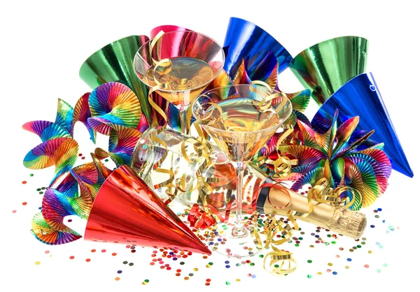 Garlands, streamer, confetti and cocktail glasses — Stock Photo, Image