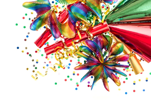 Party decoration with garlands, streamer, cracker confetti — Stock Photo, Image