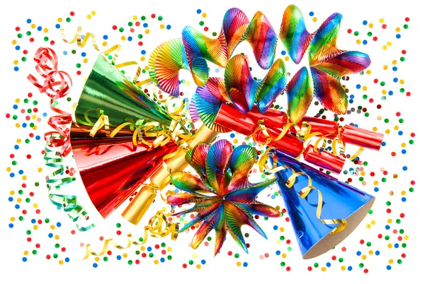 Colorful background with garlands, streamer and confetti — Stock Photo, Image