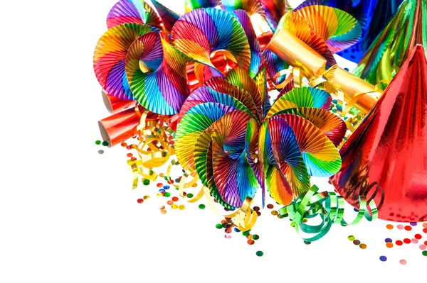 Colorful garlands, streamer, party hats and confetti — Stock Photo, Image