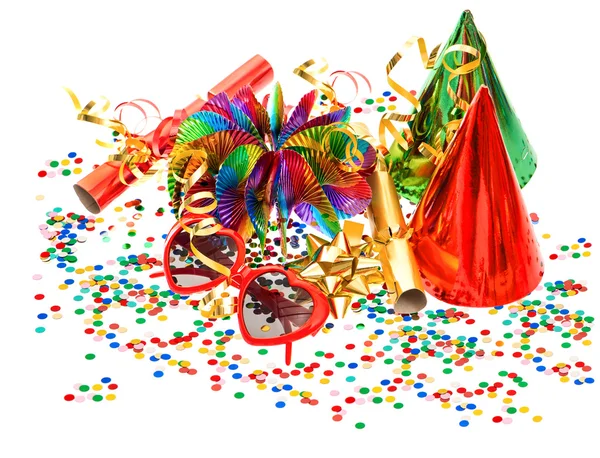 Garlands, streamer, cracker, party glasses and confetti — Stock Photo, Image