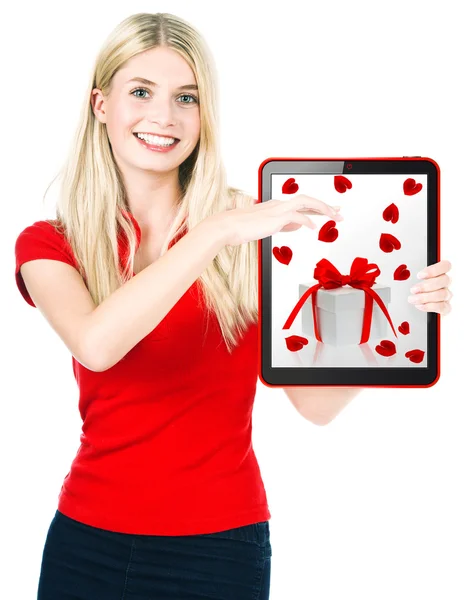 Young happy woman with tablet PC gift card — Stock Photo, Image