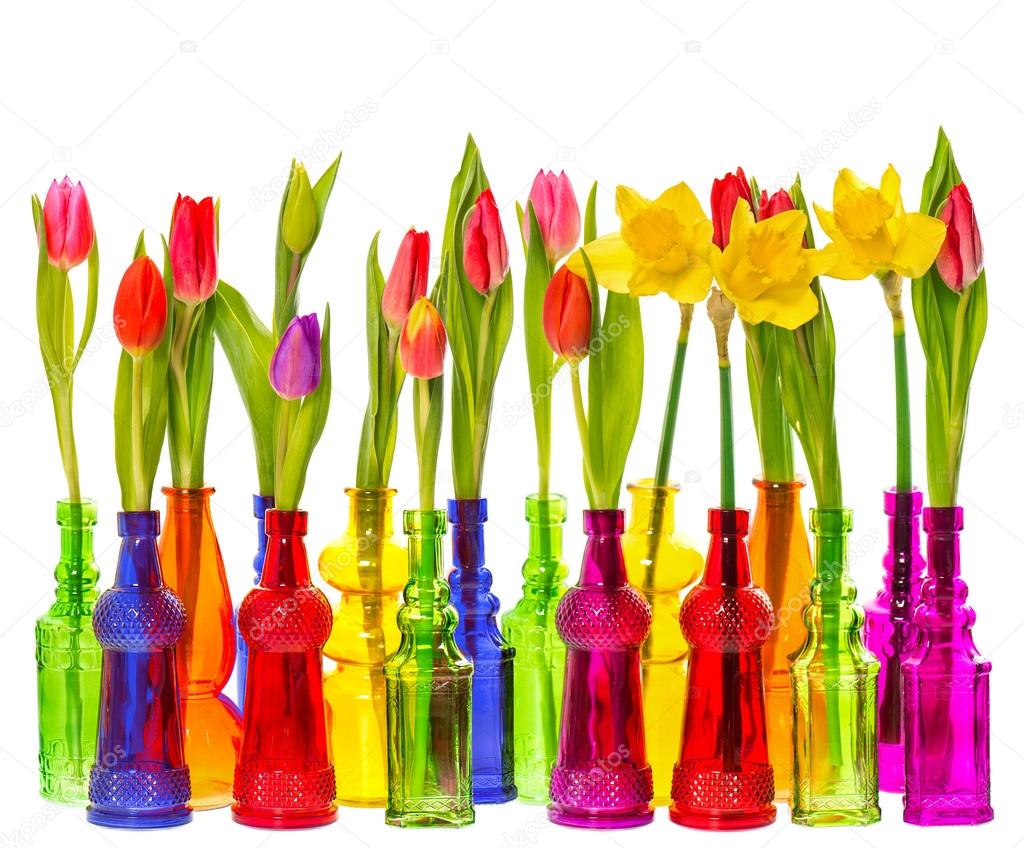 many tulip and narcissus flowers in colorful vases
