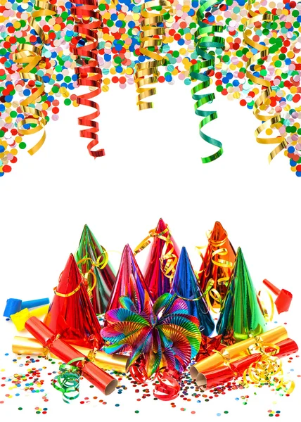 Assorted confetti with shiny colorful streamer — Stock Photo, Image