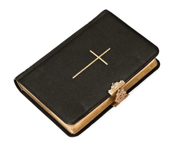 Old black bible book with golden cross on white — Stock Photo, Image