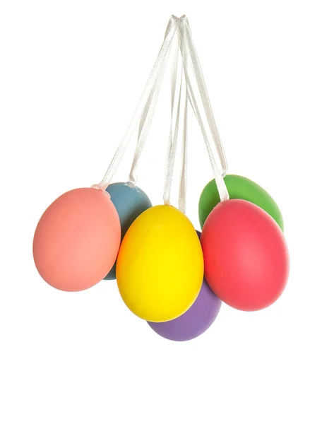 Easter eggs hanging on ribbon isolated on white — Stock Photo, Image