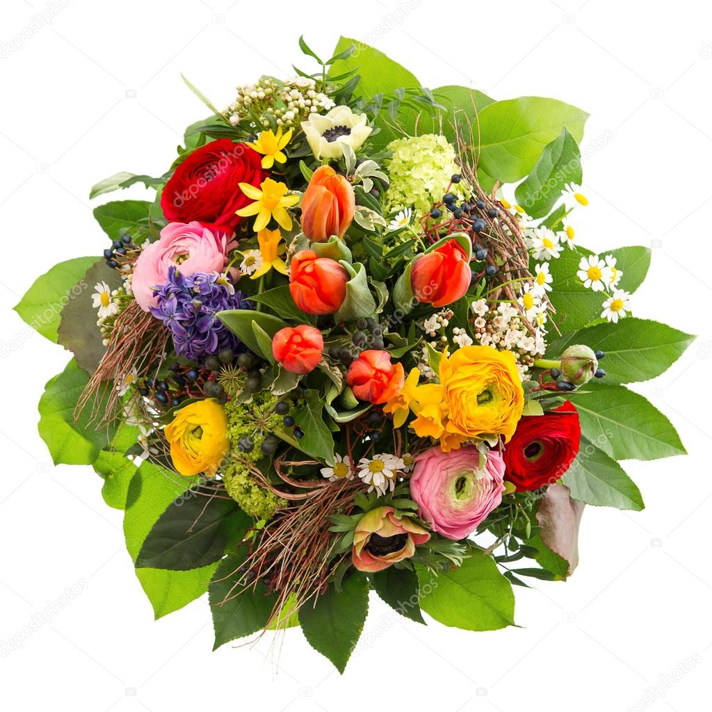 bouquet of colorful spring flowers isolated on white