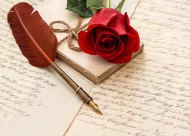 red rose flower, old letters and antique feather pen clipart