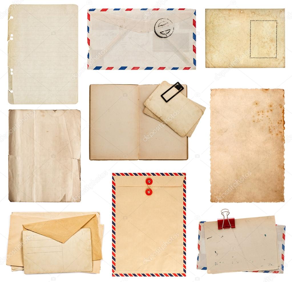 set of old paper sheets, book, envelope, card