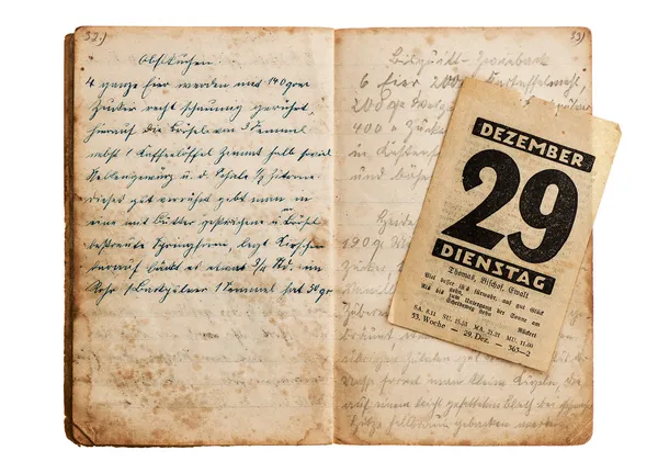Libro de cocina viejo abierto con página de calendario antiguo — Foto de Stock