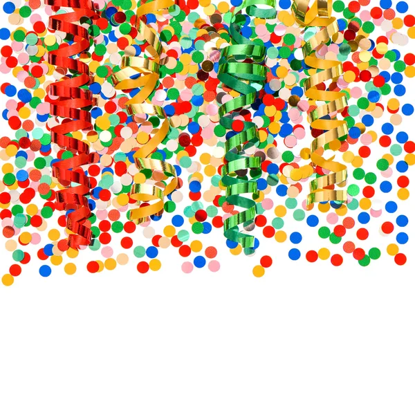 Colorful confetti with shiny streamer over white — Stock Photo, Image