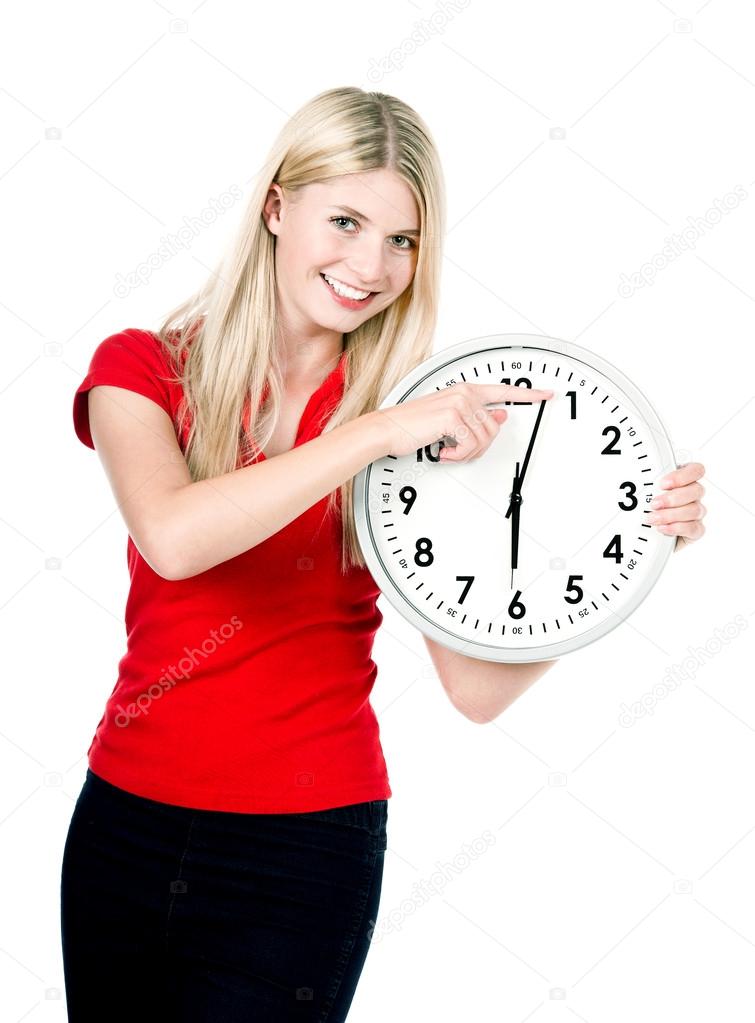 young woman with a clock isolated on white