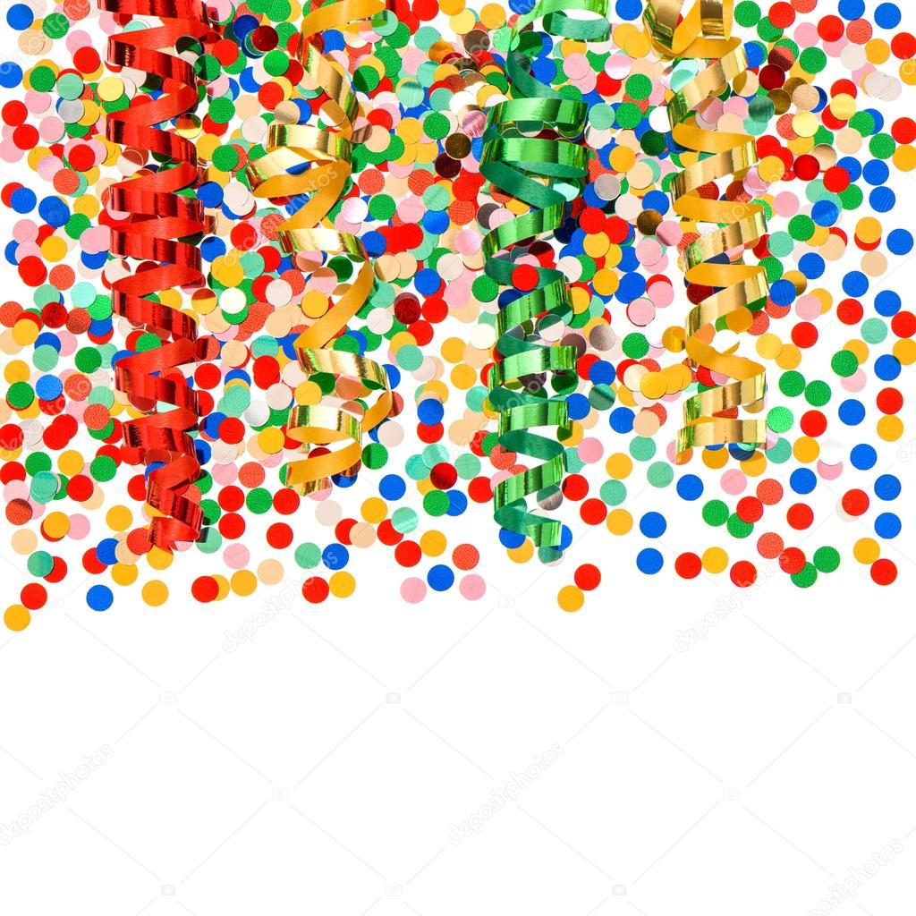 Colorful confetti with shiny streamer over white
