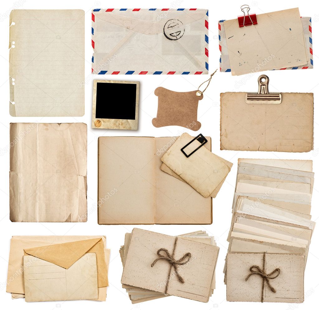 set of old paper sheets, book, envelope, postcards