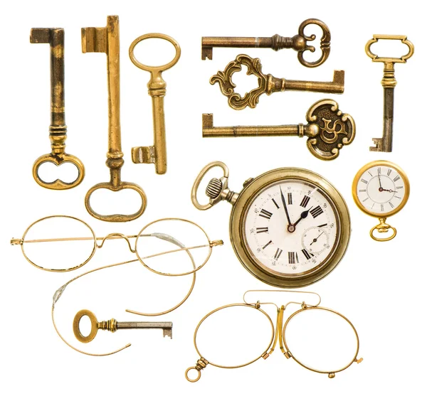Set antiker Schlüssel, Uhr, Brille — Stockfoto