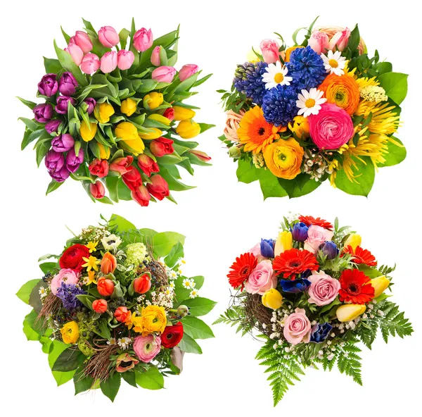 Vue du dessus de quatre bouquets de fleurs colorées — Photo