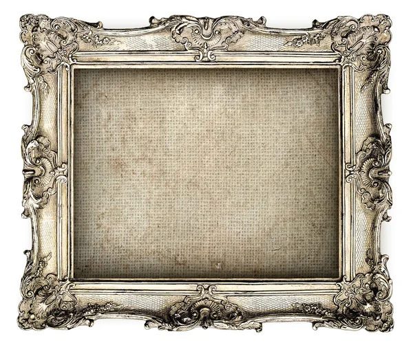 Starožitný stříbrný rám s prázdnou grunge plátnem — Stock fotografie
