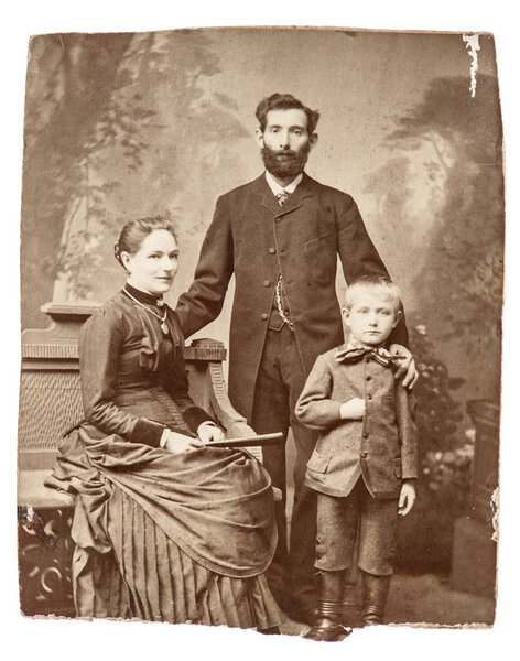 Antique family portrait of mother, father and son