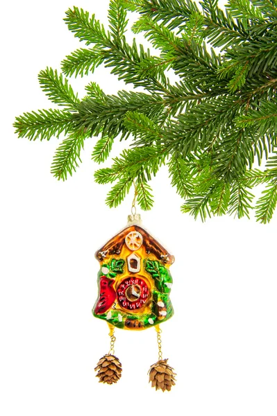 Christmas decoration with clock bauble and evergreen tree branch — Stock Photo, Image