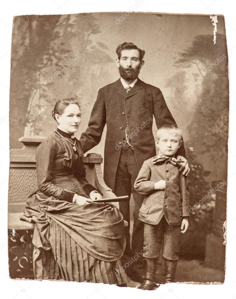 Antique family portrait of mother, father and son
