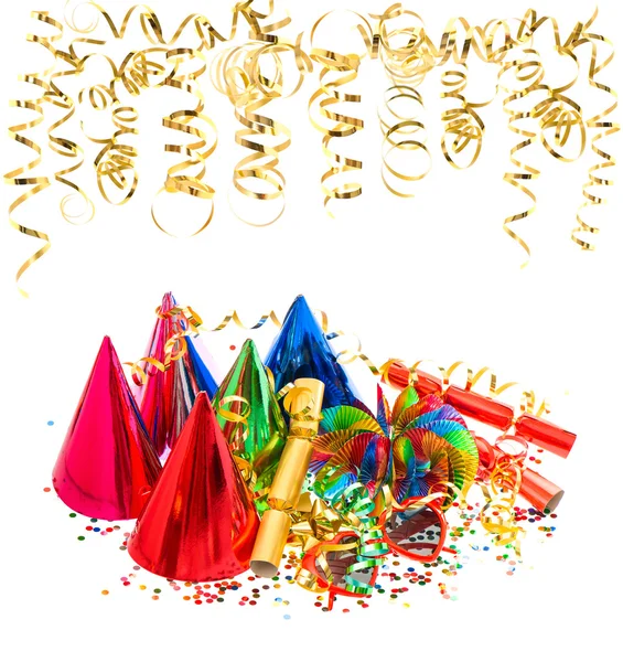 Colorful garlands, streamer, party hats and confetti Royalty Free Stock Images