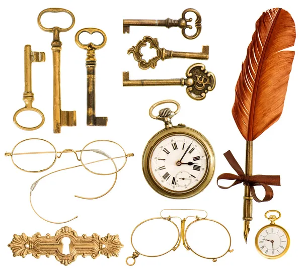 Set di accessori vintage. chiavi antiche, orologio, penna piuma d'inchiostro — Foto Stock