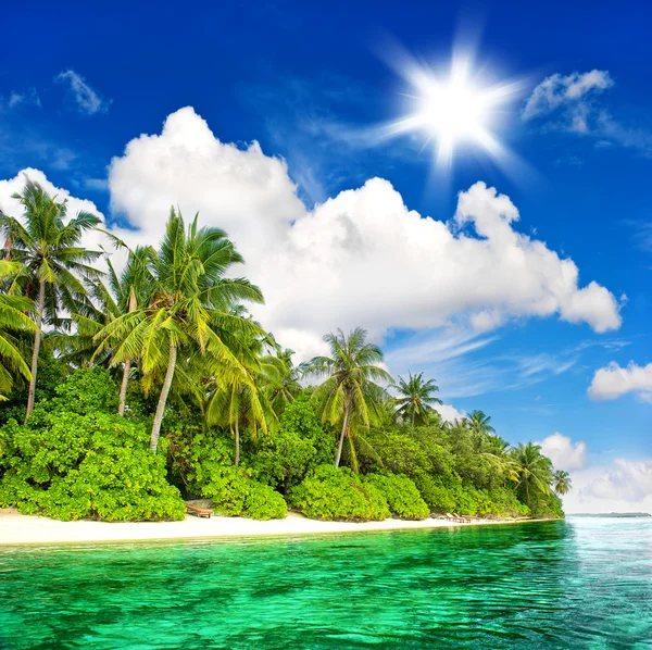 Landscape of tropical island beach with sunny blue sky Royalty Free Stock Images
