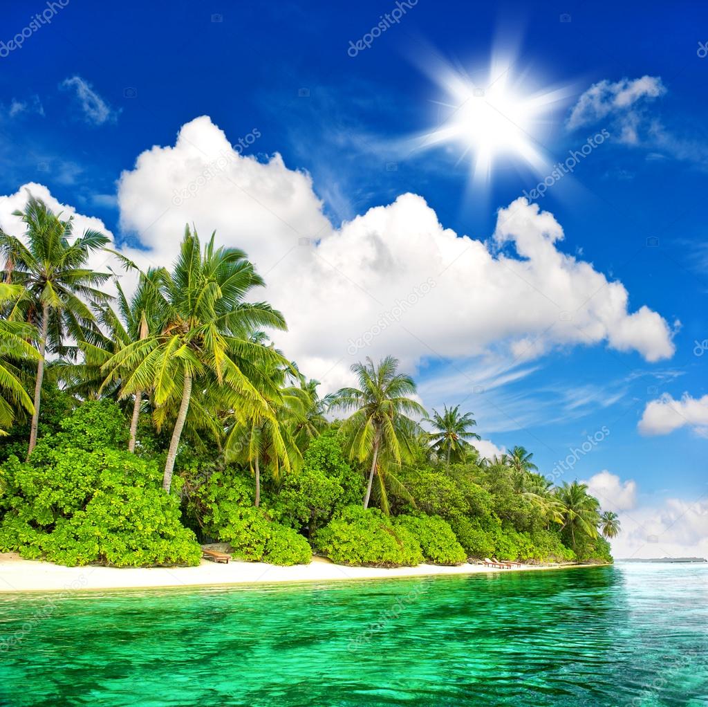 landscape of tropical island beach with sunny blue sky