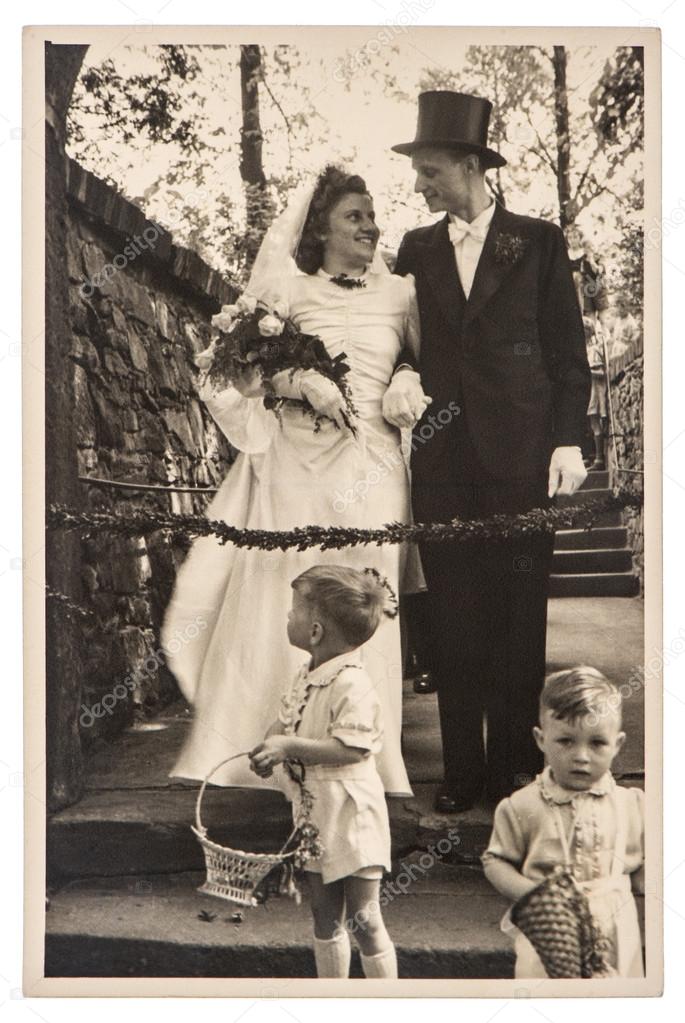 Original antique wedding photo. portrait of just married couple