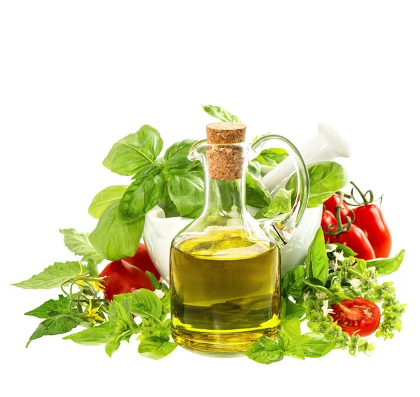 Olive oil with herbs and tomatoes — Stock Photo, Image