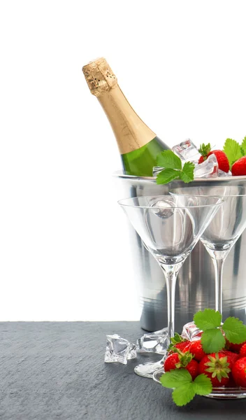 Champagne and two glasses — Stock Photo, Image