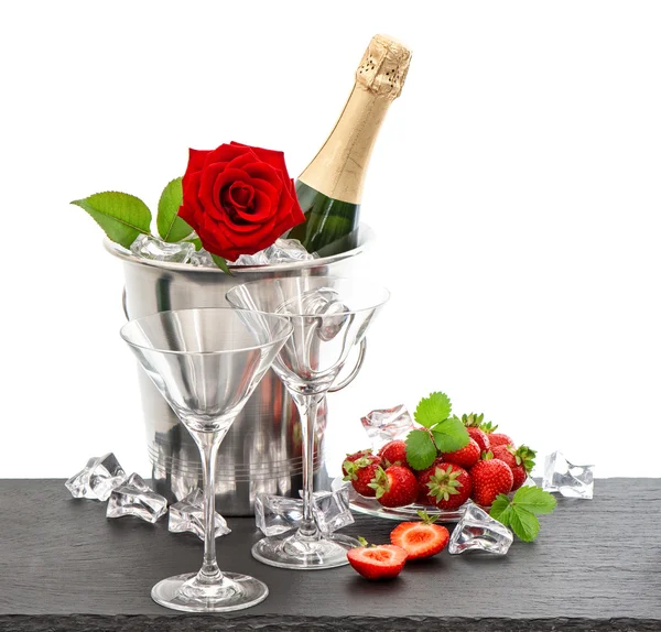 Champagne, red rose and strawberries — Stock Photo, Image