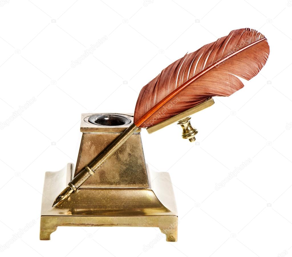 Feather pen with antique inkwell