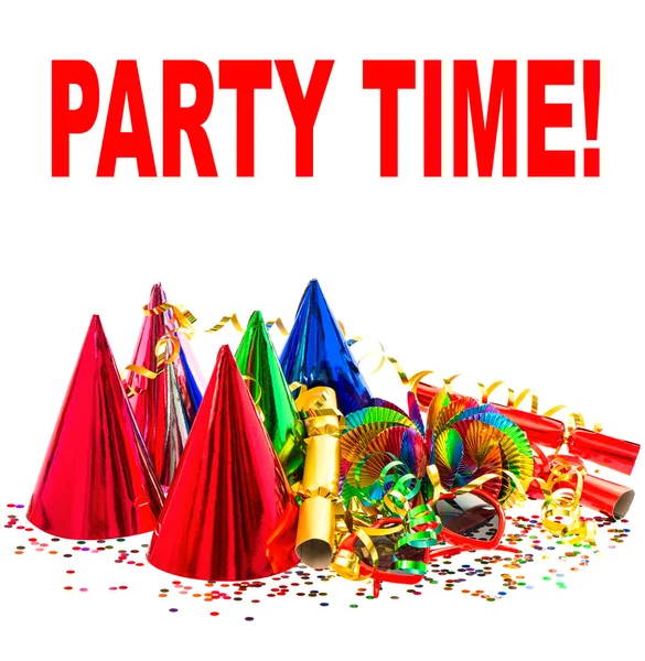 Garlands, streamer, cracker, party hats and confetti — Stock Photo, Image