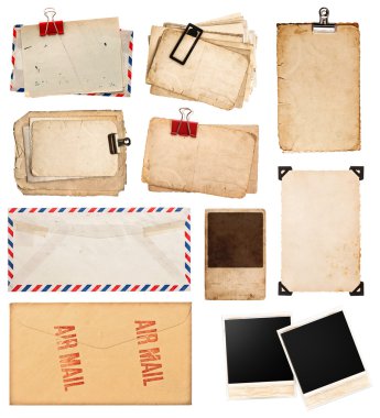 Vintage kağıtları, kartpostallar ve üzerinde beyaz izole fotoğraf çerçeveleri